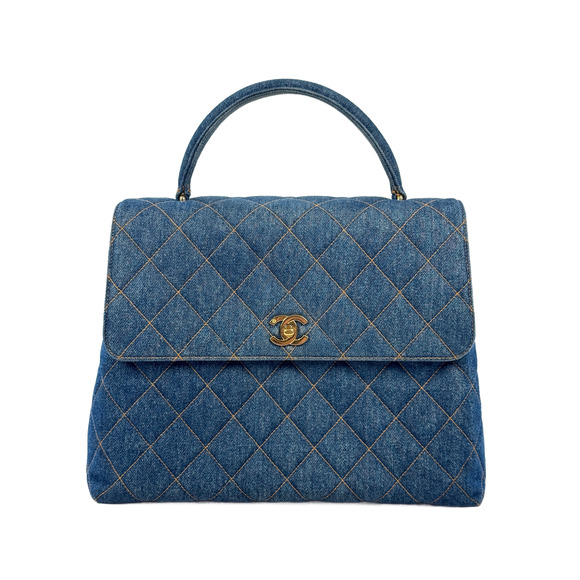 Chanel Vintage Blue Denim Medium Classic Kelly Top Handle Flap Bag w 24K GPHW - Picture 1 of 16